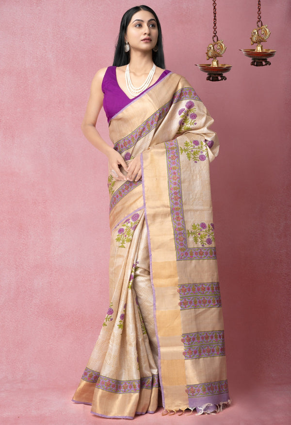 Online Shopping for Brown Pure Handloom Ghicha Tussar  Silk Saree with Hand Block Prints from Chhattisgarh at Unnatisilks.com India
