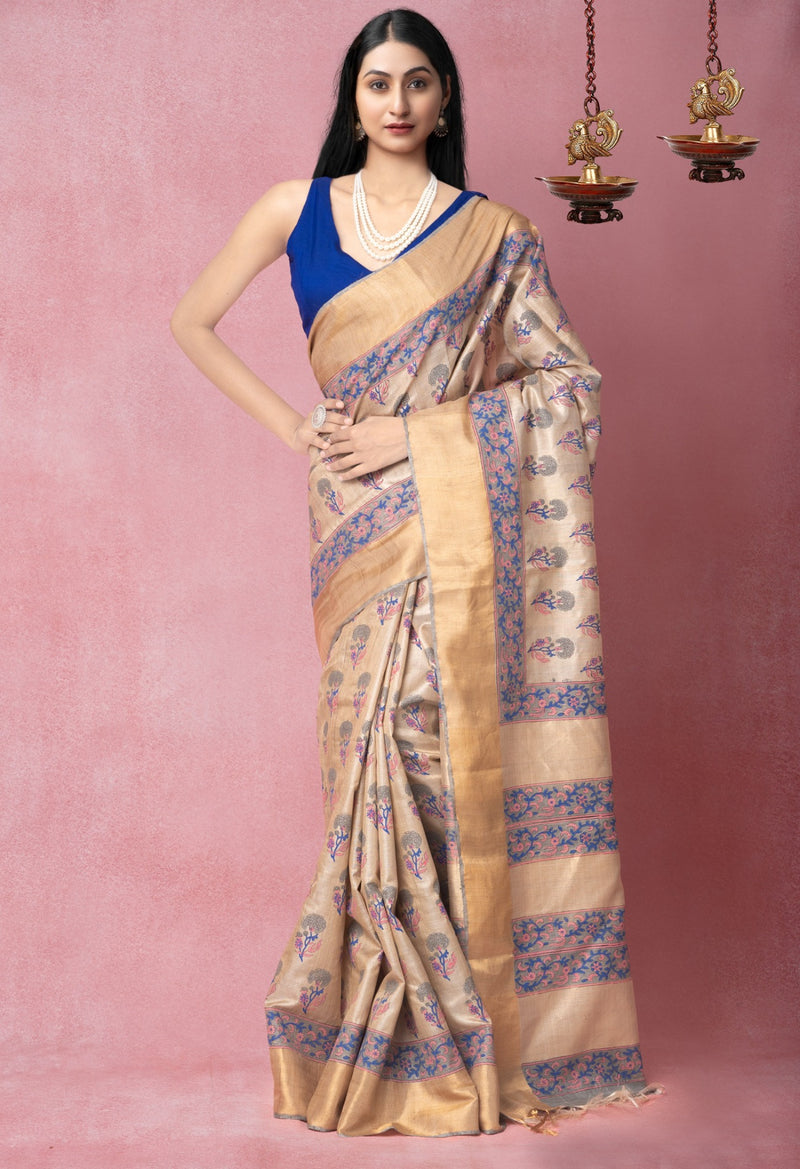 Brown Pure Handloom Ghicha Tussar  Silk Saree