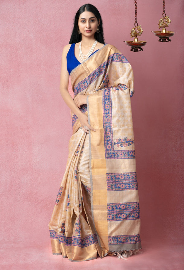 Online Shopping for Brown Pure Handloom Ghicha Tussar  Silk Saree with Hand Block Prints from Chhattisgarh at Unnatisilks.com India
