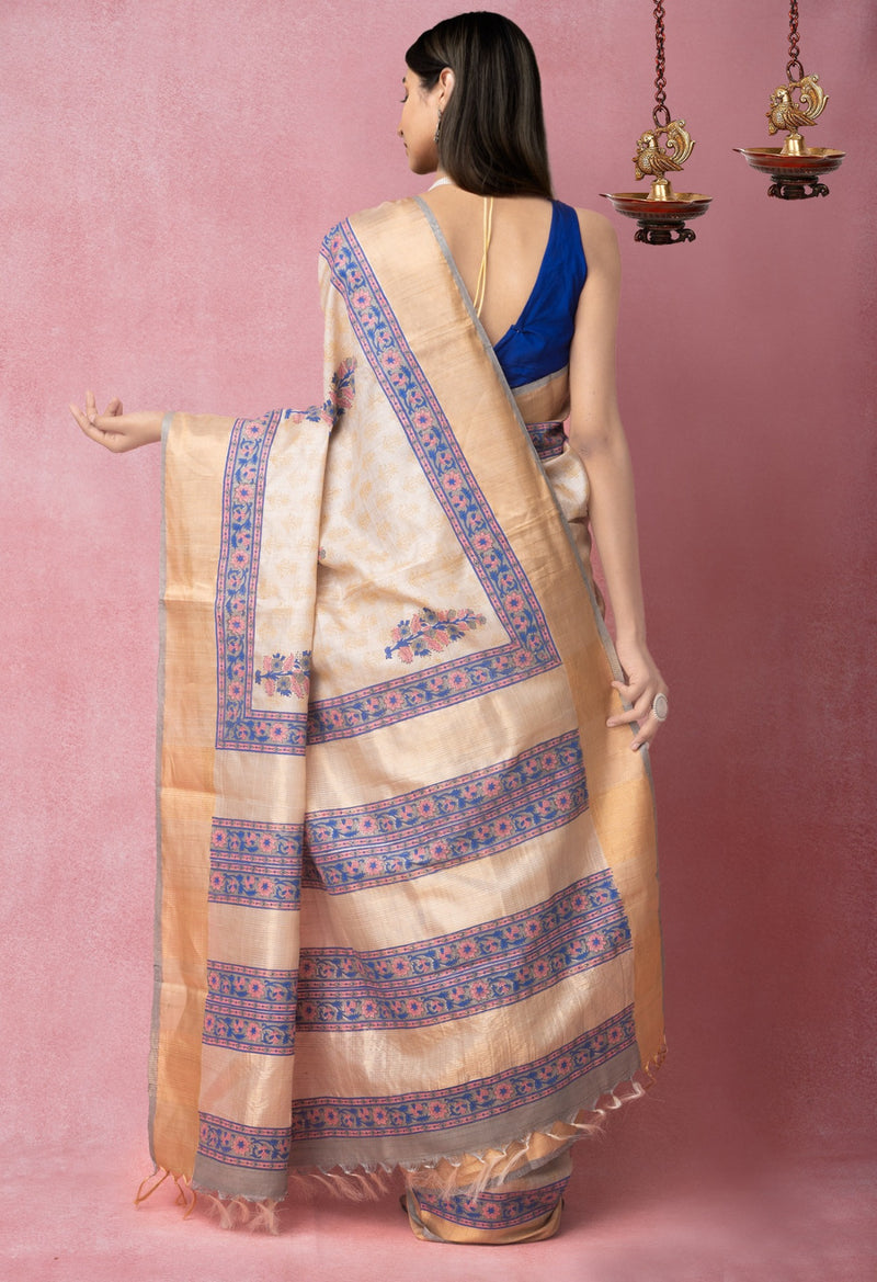 Online Shopping for Brown Pure Handloom Ghicha Tussar  Silk Saree with Hand Block Prints from Chhattisgarh at Unnatisilks.com India
