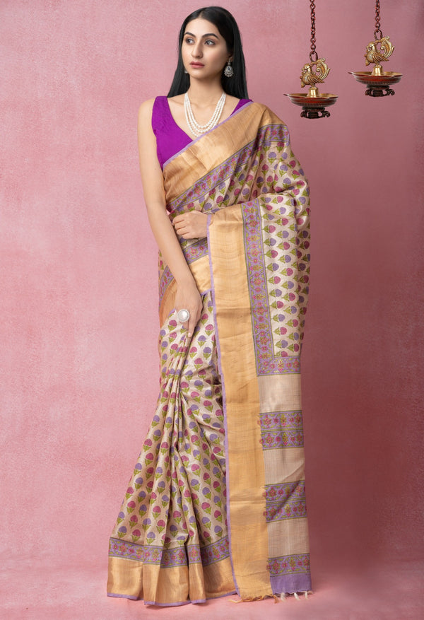 Brown Pure Handloom Ghicha Tussar  Silk Saree