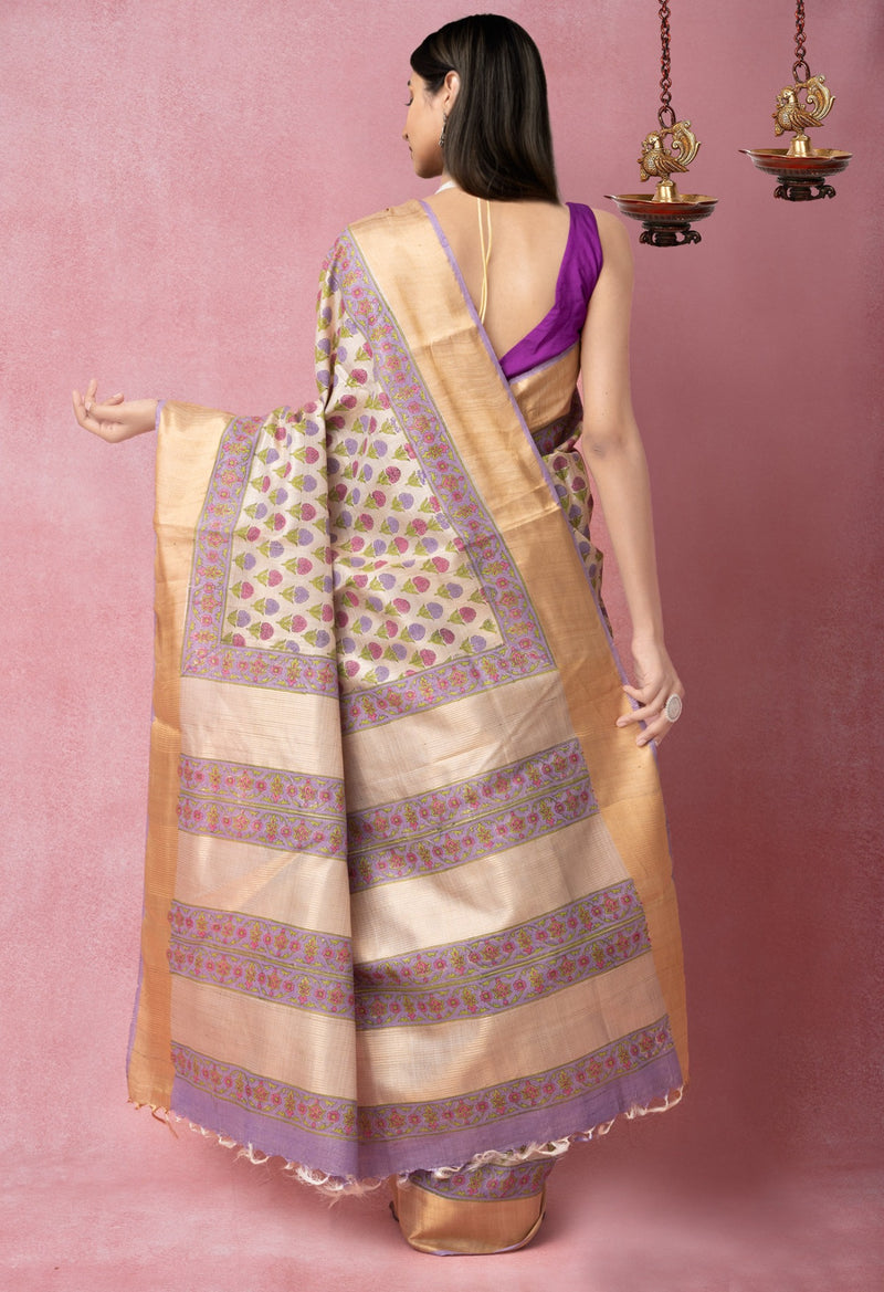 Online Shopping for Brown Pure Handloom Ghicha Tussar  Silk Saree with Hand Block Prints from Chhattisgarh at Unnatisilks.com India
