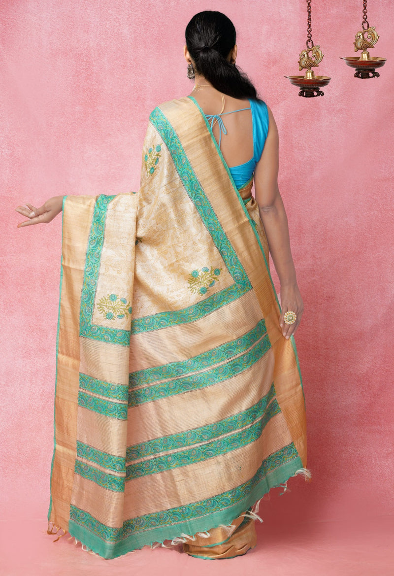 Online Shopping for Brown Pure Handloom Ghicha Tussar  Silk Saree with Hand Block Prints from Chhattisgarh at Unnatisilks.com India
