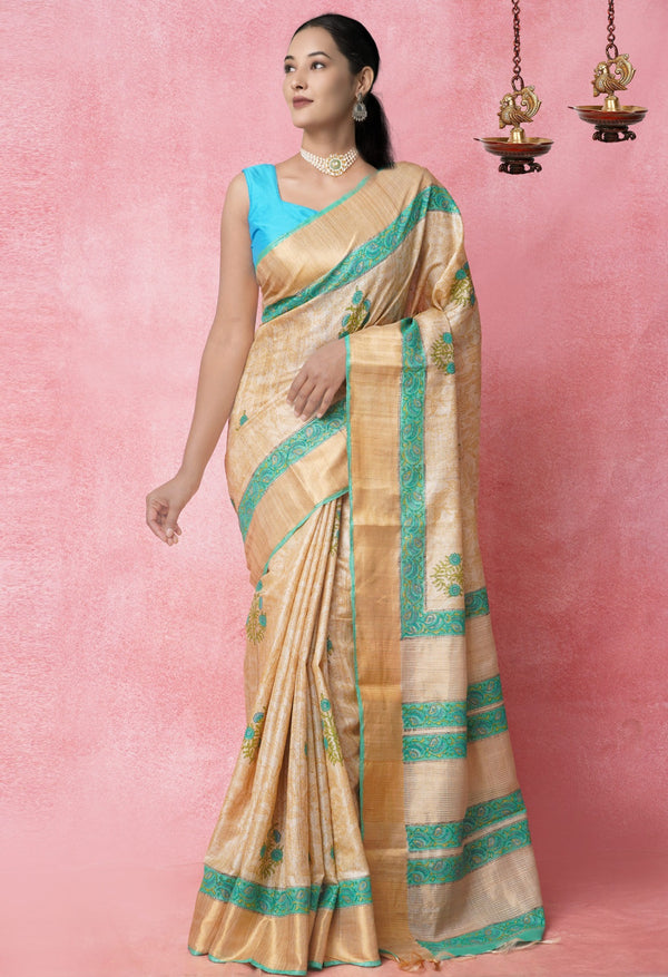 Online Shopping for Brown Pure Handloom Ghicha Tussar  Silk Saree with Hand Block Prints from Chhattisgarh at Unnatisilks.com India
