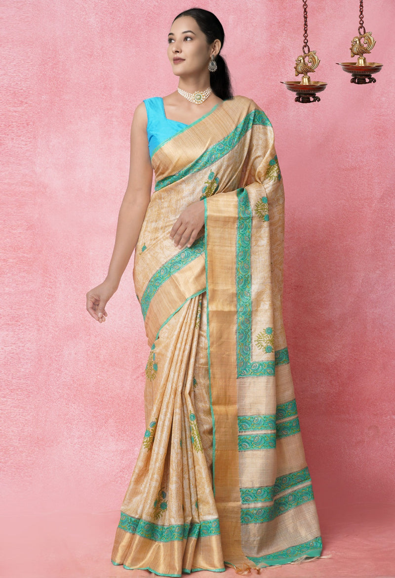 Online Shopping for Brown Pure Handloom Ghicha Tussar  Silk Saree with Hand Block Prints from Chhattisgarh at Unnatisilks.com India
