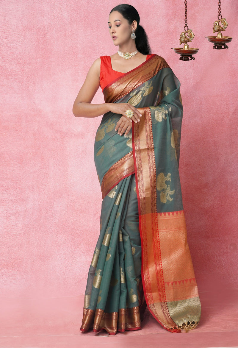 Online Shopping for Green  Fancy Chanderi Sico Saree with Weaving from Madhya Pradesh at Unnatisilks.com India
