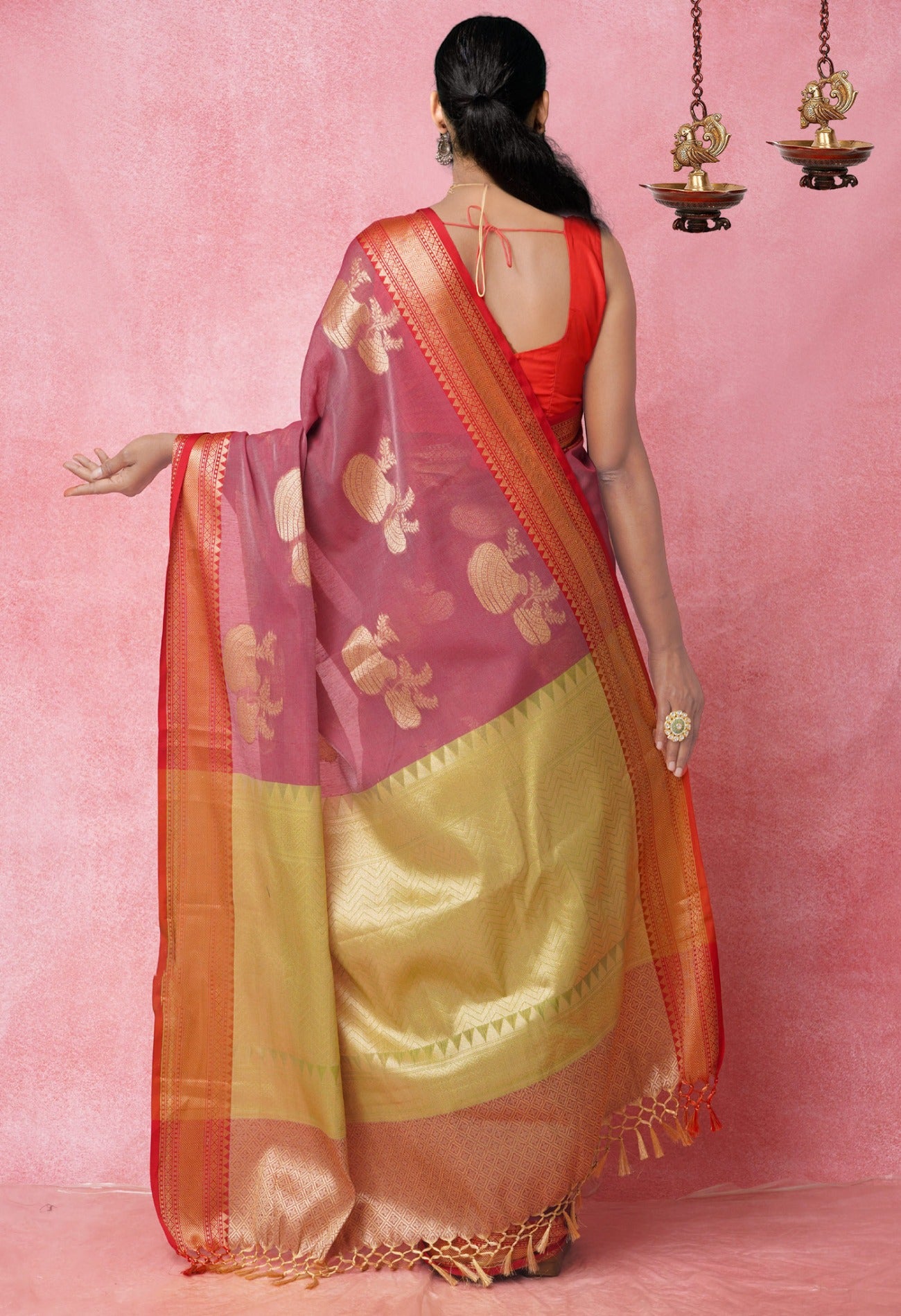 Online Shopping for Peach Pink  Fancy Chanderi Sico Saree with Weaving from Madhya Pradesh at Unnatisilks.com India
