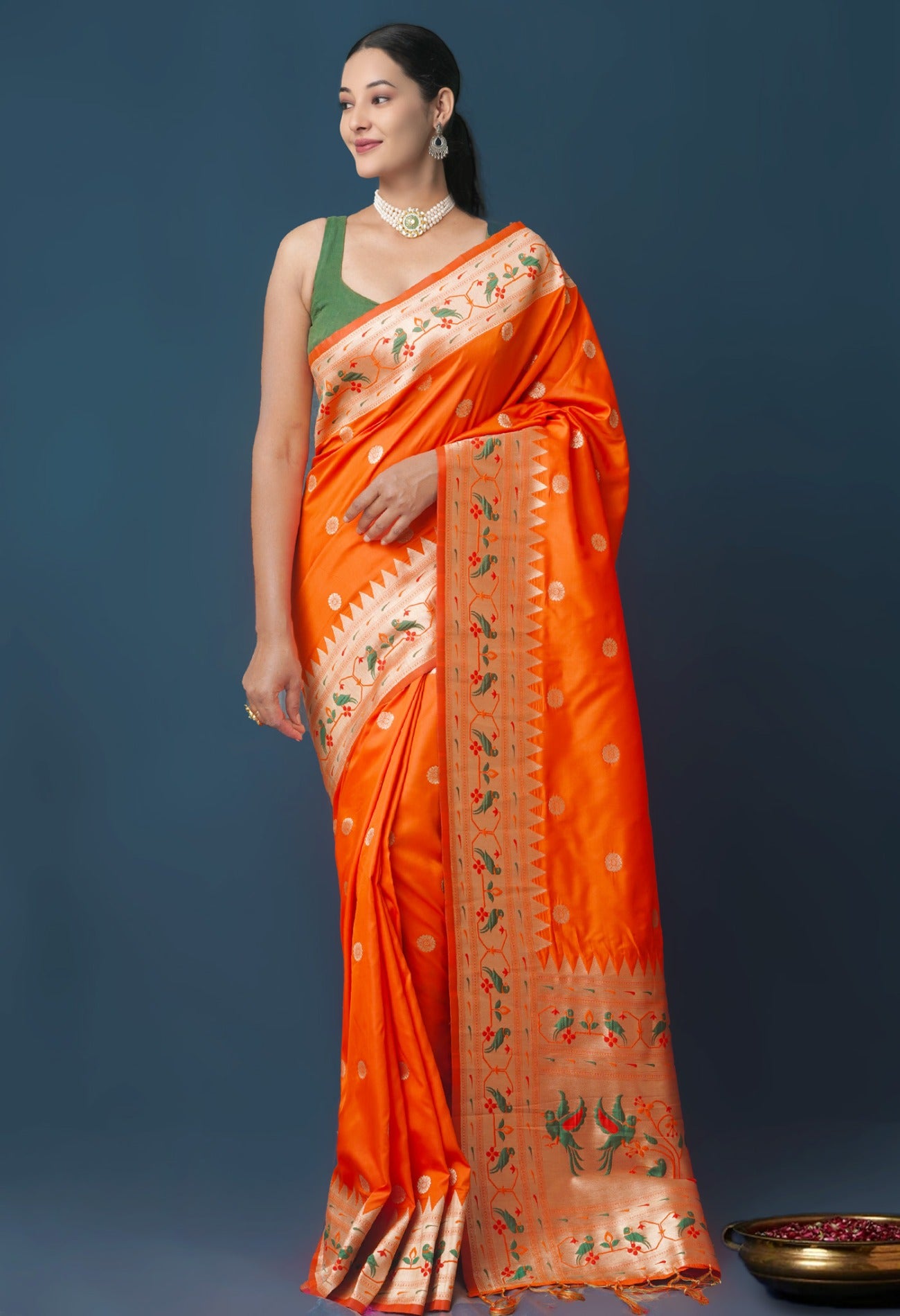 Online Shopping for Orange  Paithani Silk Saree with Weaving from Uttar Pradesh at Unnatisilks.com India
