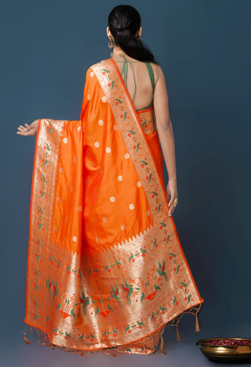 Online Shopping for Orange  Paithani Silk Saree with Weaving from Uttar Pradesh at Unnatisilks.com India
