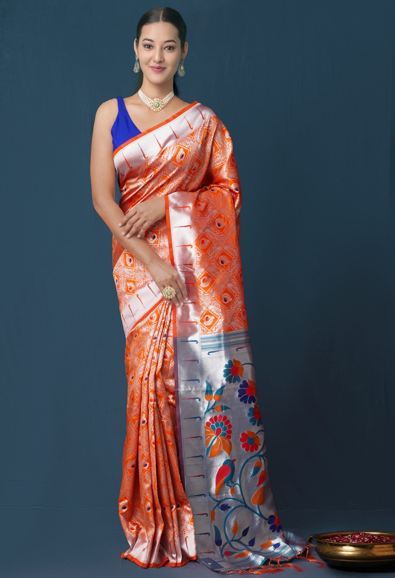 Online Shopping for Orange  Paithani Silk Saree with Weaving from Uttar Pradesh at Unnatisilks.com India
