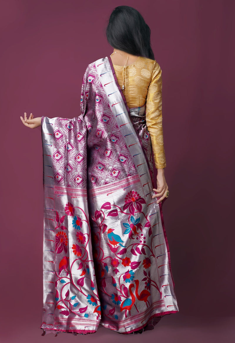 Online Shopping for Purple  Paithani Silk Saree with Weaving from Uttar Pradesh at Unnatisilks.com India

