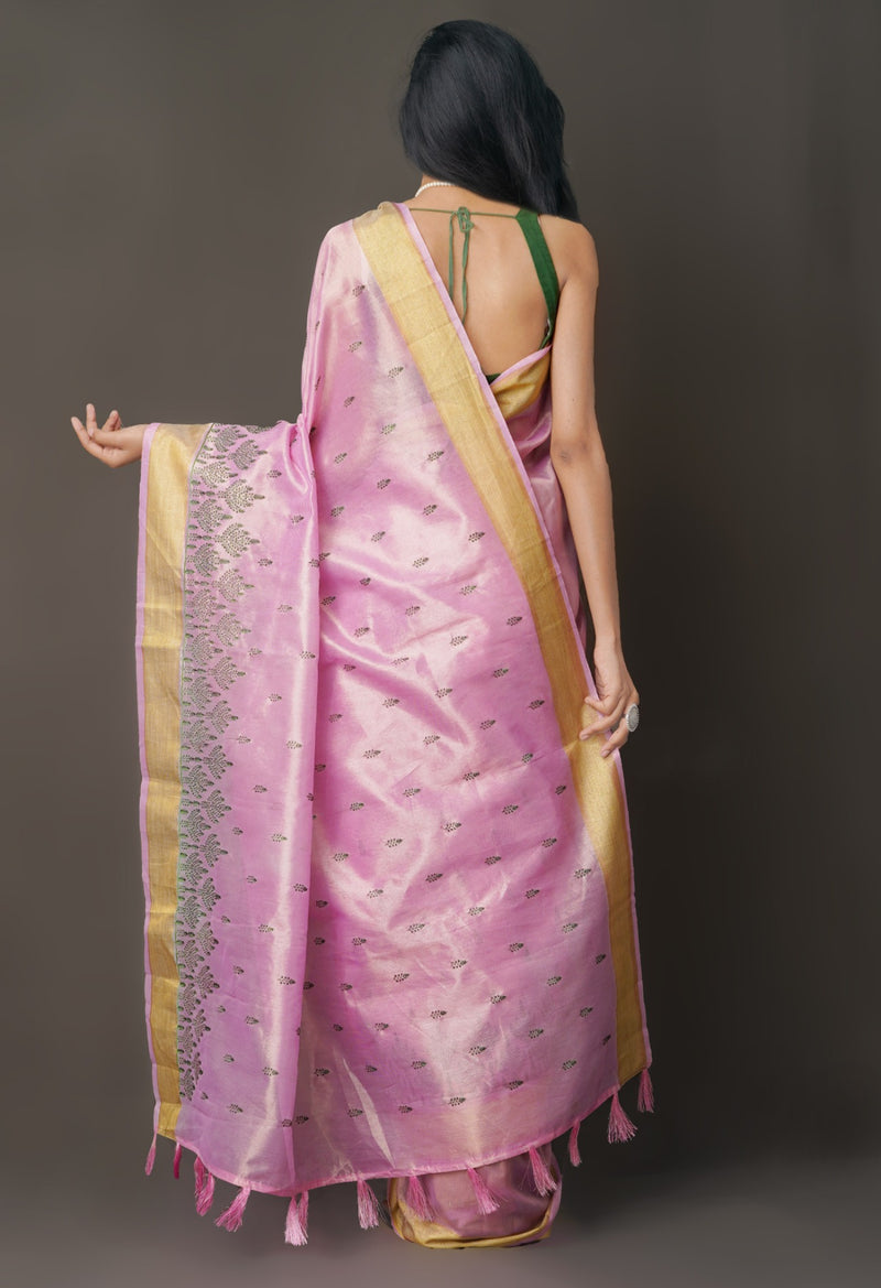 Online Shopping for Pink  Cross Stitched Embroidered Tissue Saree with Embroidery from Uttar Pradesh at Unnatisilks.com India
