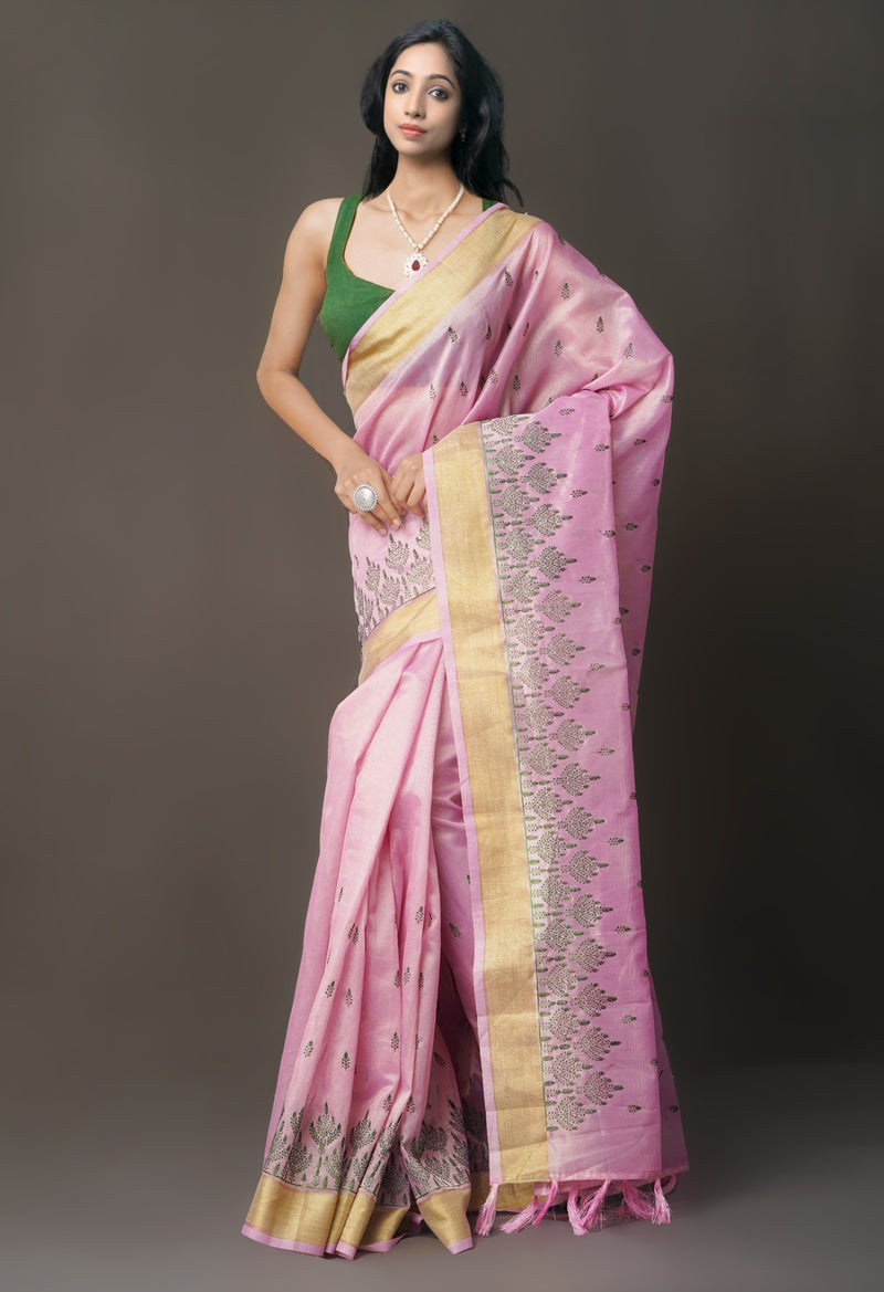 Online Shopping for Pink  Cross Stitched Embroidered Tissue Saree with Embroidery from Uttar Pradesh at Unnatisilks.com India
