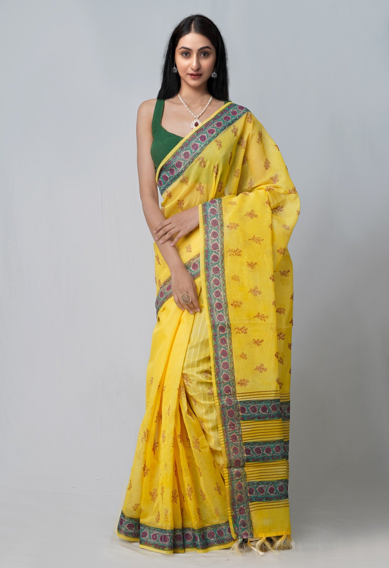 Yellow  Cross Stitched Embroidered Sico Saree