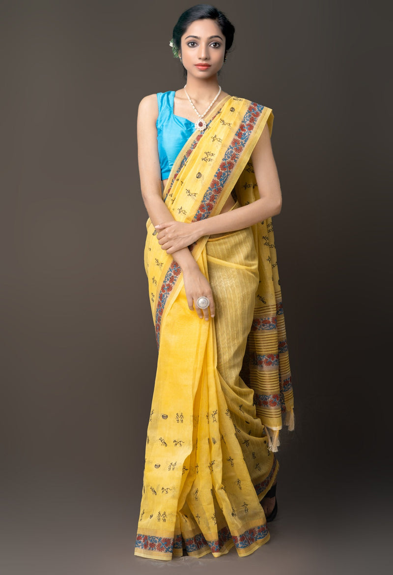 Yellow Cross Stitched Embroidered Sico Saree-UNM62548