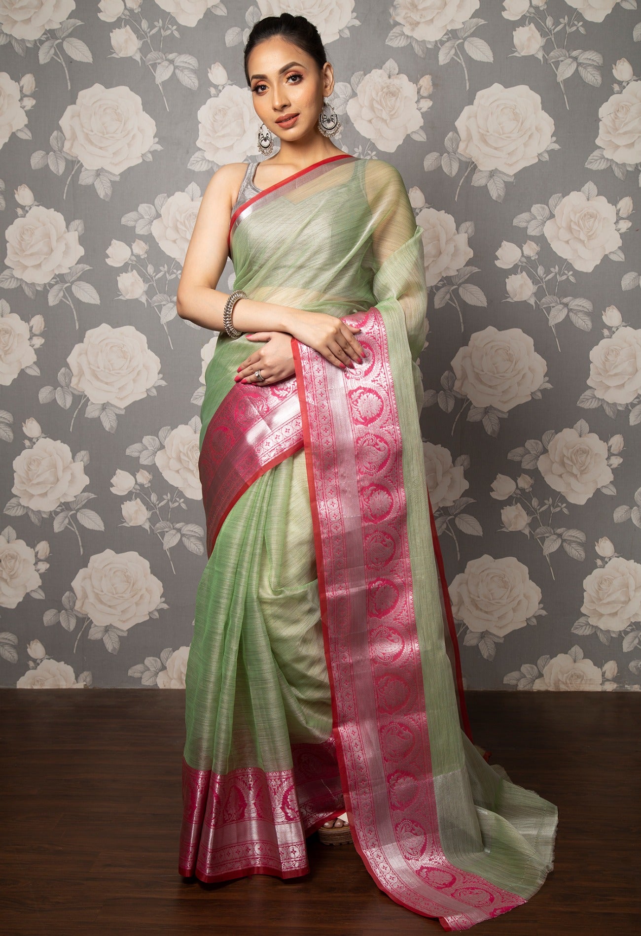 Online Shopping for Green  Kota Tissue Saree with Embroidery from Rajasthan at Unnatisilks.com India
