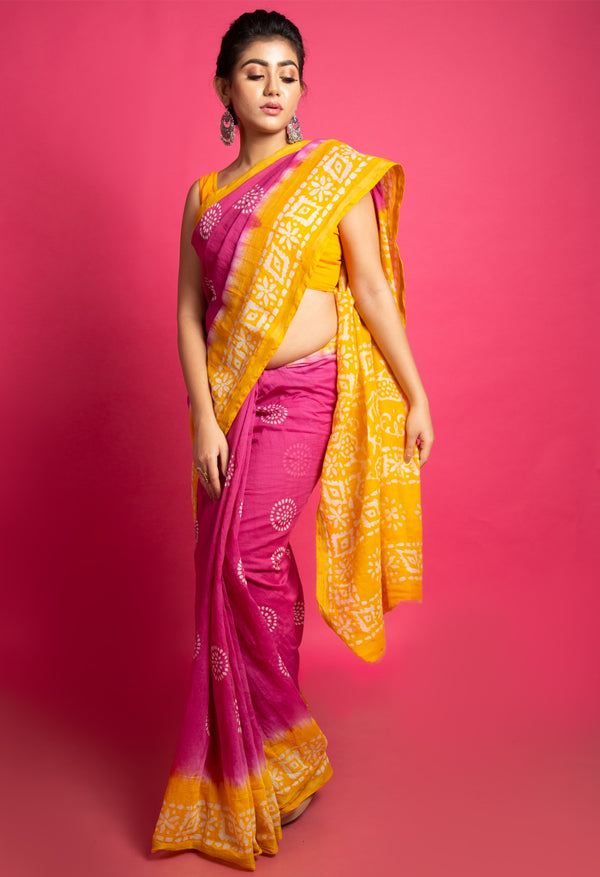 Online Shopping for Pink Pure Wax Batik Chanderi  Cotton Saree with Tie-N-Dye from Rajasthan at Unnatisilks.com India
