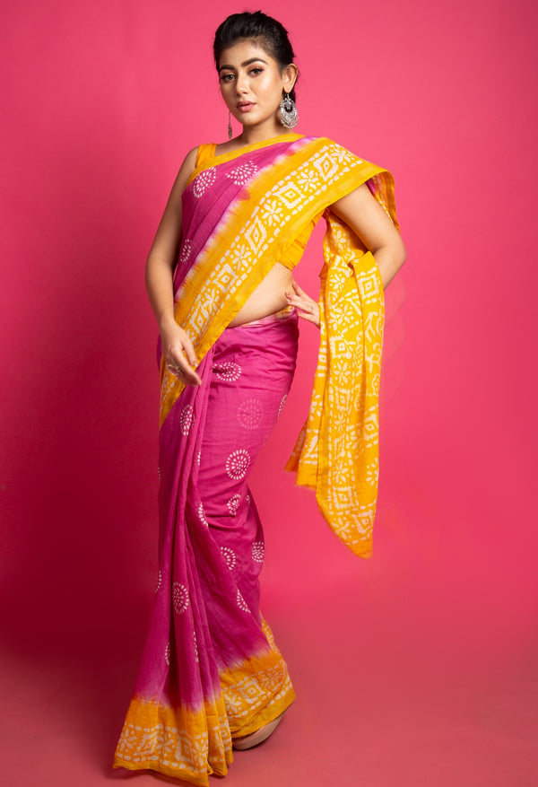 Online Shopping for Pink Pure Wax Batik Chanderi  Cotton Saree with Tie-N-Dye from Rajasthan at Unnatisilks.com India
