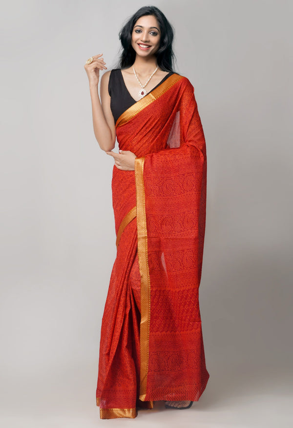 Online Shopping for Red Pure Bagh venkatagiri Superfine Cotton Saree with Bagh from Andhra Pradesh at Unnatisilks.com India
