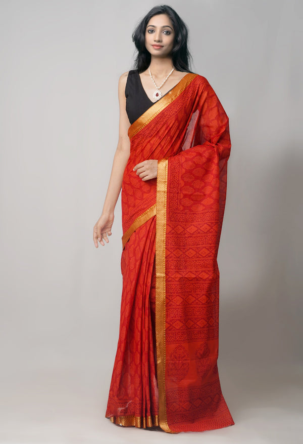 Online Shopping for Red Pure Bagh venkatagiri Superfine Cotton Saree with Bagh from Andhra Pradesh at Unnatisilks.com India

