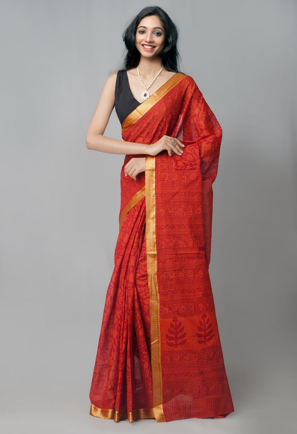 Online Shopping for Red Pure Bagh venkatagiri Superfine Cotton Saree with Bagh from Andhra Pradesh at Unnatisilks.com India
