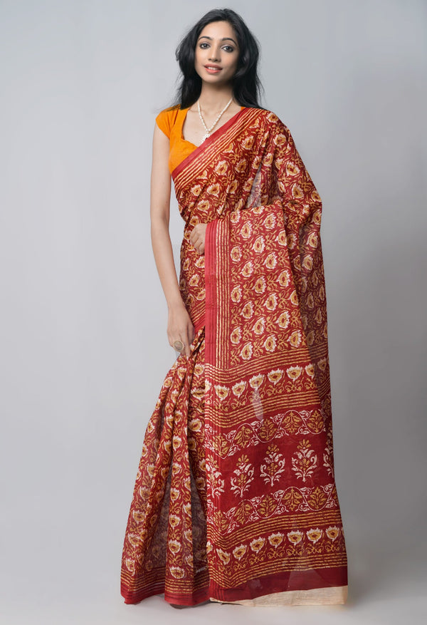 Red Pure Kota With Graffiti Prints Cotton Saree-UNM62663