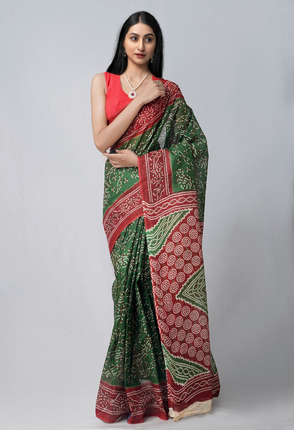 Green Pure Kota With Bandhani Prints Cotton Saree-UNM62682