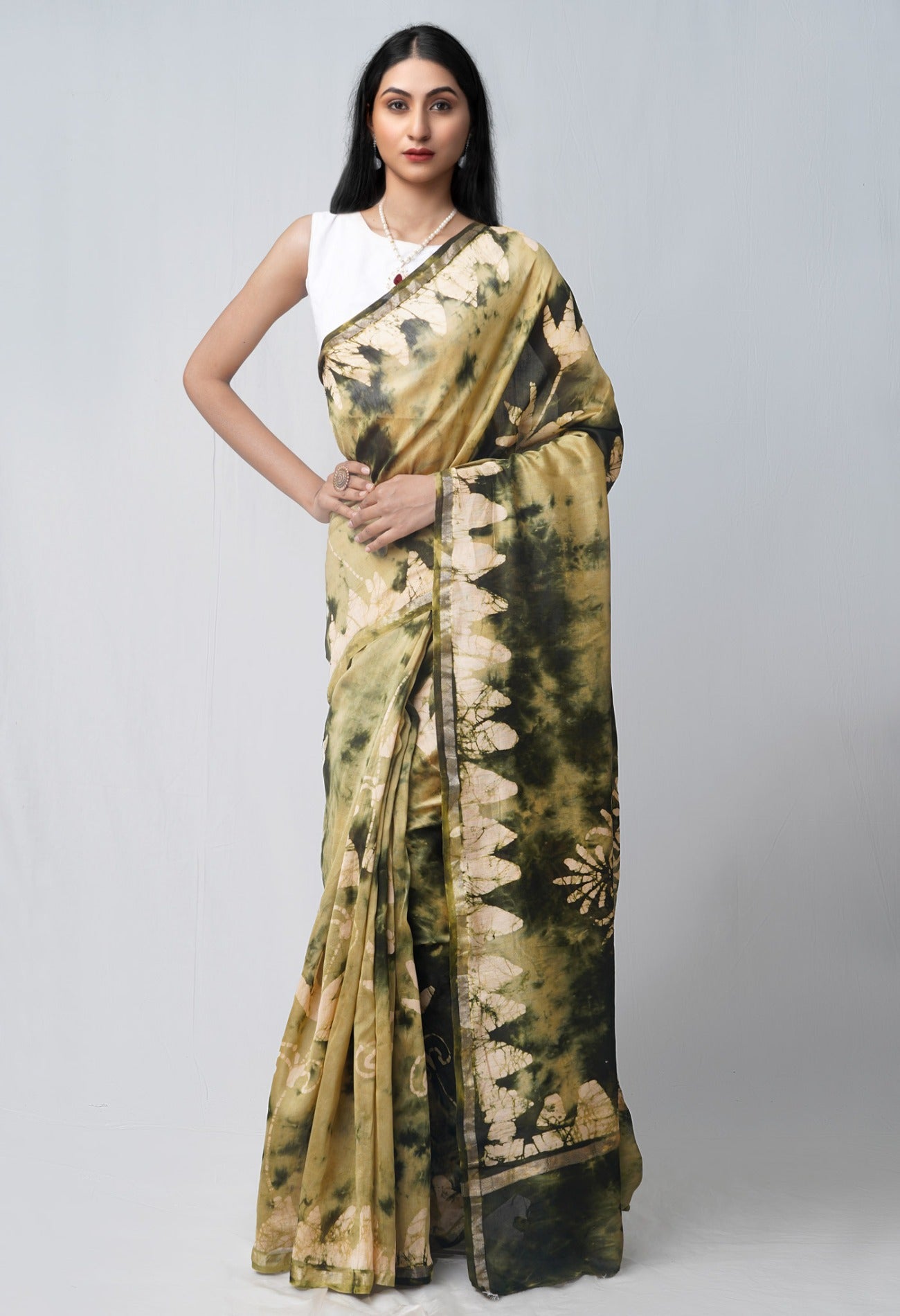 Online Shopping for Green Pure Fusion Batik Chanderi Sico Saree with Fancy/Ethnic Prints from Rajasthan at Unnatisilks.com India
