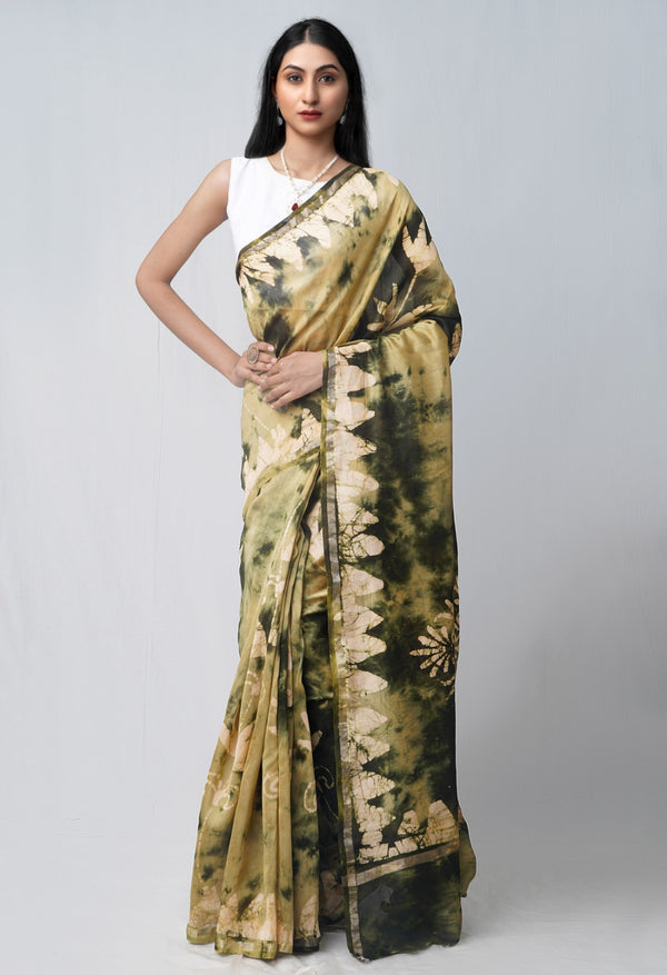 Online Shopping for Green Pure Fusion Batik Chanderi Sico Saree with Fancy/Ethnic Prints from Rajasthan at Unnatisilks.com India
