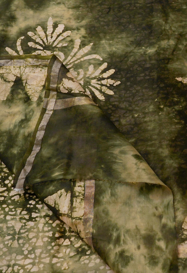 Green Pure Fusion Batik Chanderi Sico Saree-UNM62687