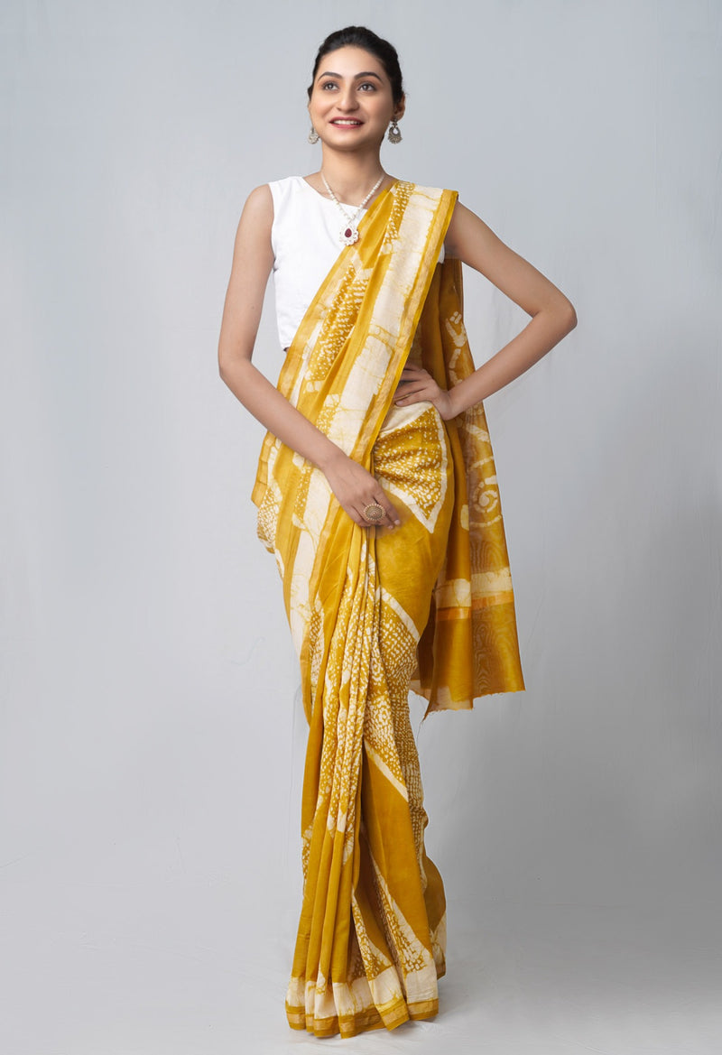 Yellow Pure Fusion Batik Chanderi Sico Saree-UNM62690