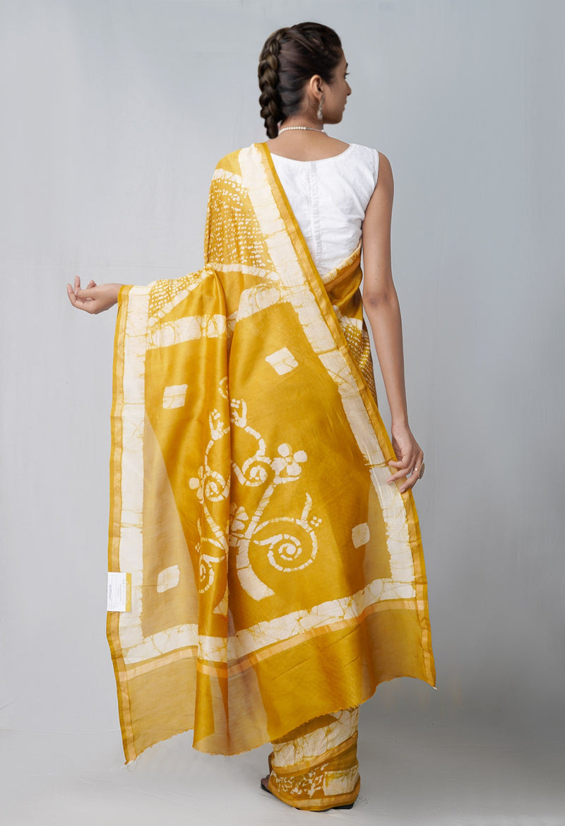 Online Shopping for Yellow Pure Fusion Batik Chanderi Sico Saree with Fancy/Ethnic Prints from Rajasthan at Unnatisilks.com India
