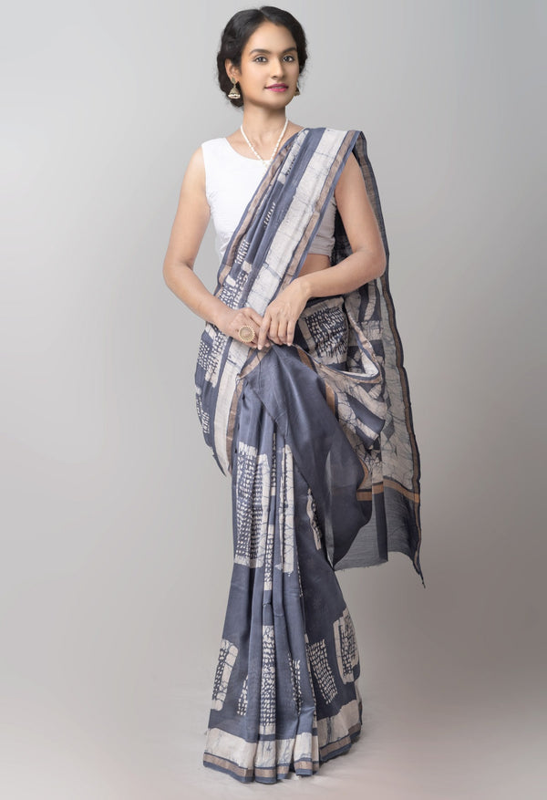 Online Shopping for Blue Pure Fusion Batik Chanderi Sico Saree with Fancy/Ethnic Prints from Rajasthan at Unnatisilks.com India
