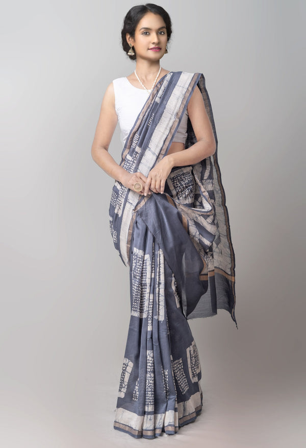 Online Shopping for Blue Pure Fusion Batik Chanderi Sico Saree with Fancy/Ethnic Prints from Rajasthan at Unnatisilks.com India
