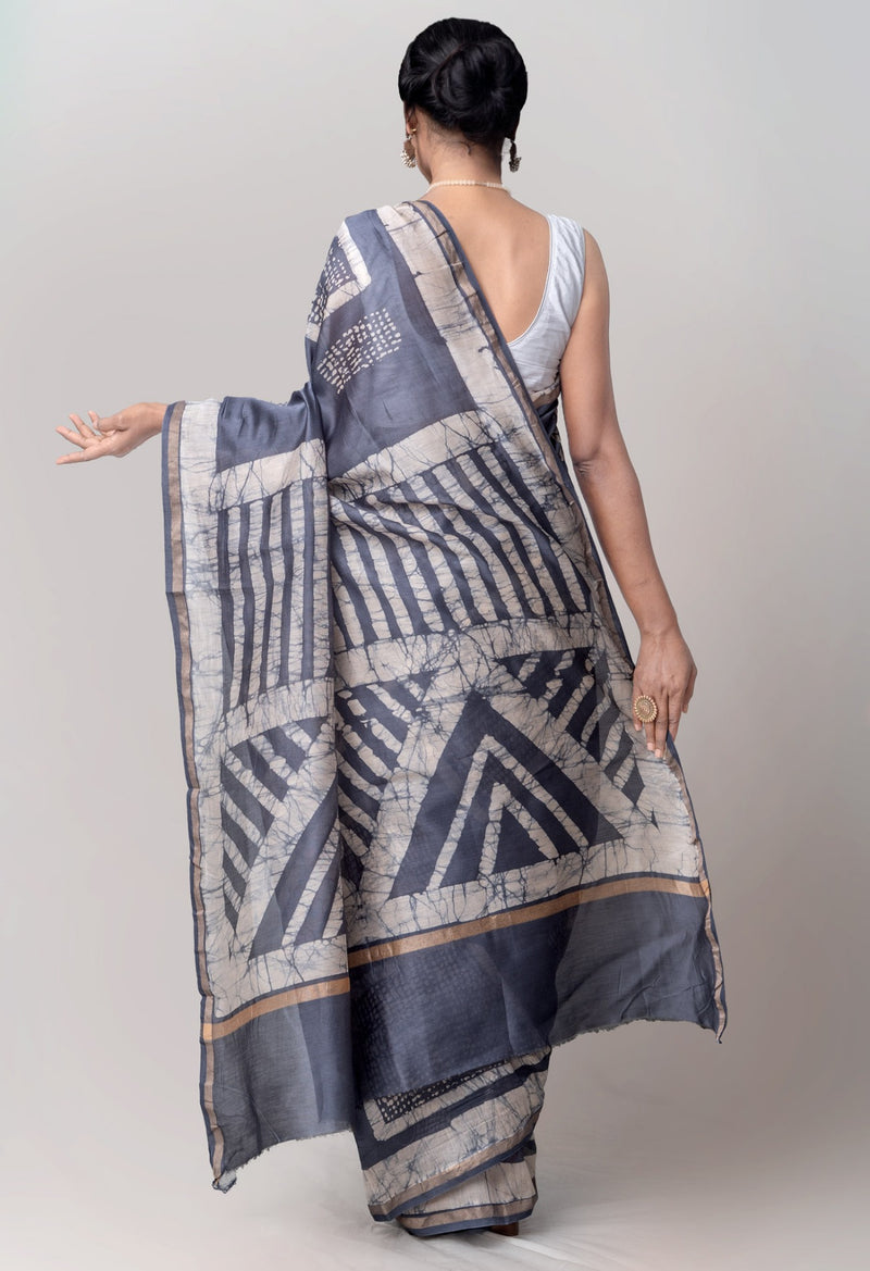 Online Shopping for Blue Pure Fusion Batik Chanderi Sico Saree with Fancy/Ethnic Prints from Rajasthan at Unnatisilks.com India
