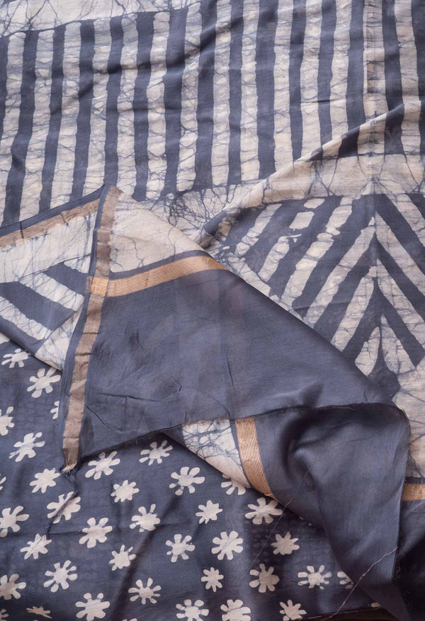 Blue Pure Fusion Batik Chanderi Sico Saree-UNM62691