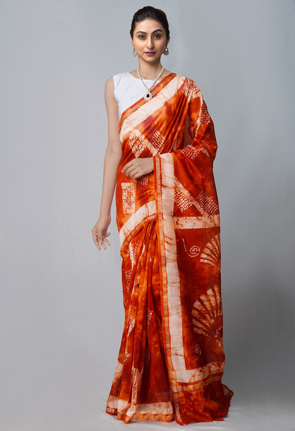 Online Shopping for Rust Orange Pure Fusion Batik Chanderi Sico Saree with Fancy/Ethnic Prints from Rajasthan at Unnatisilks.com India
