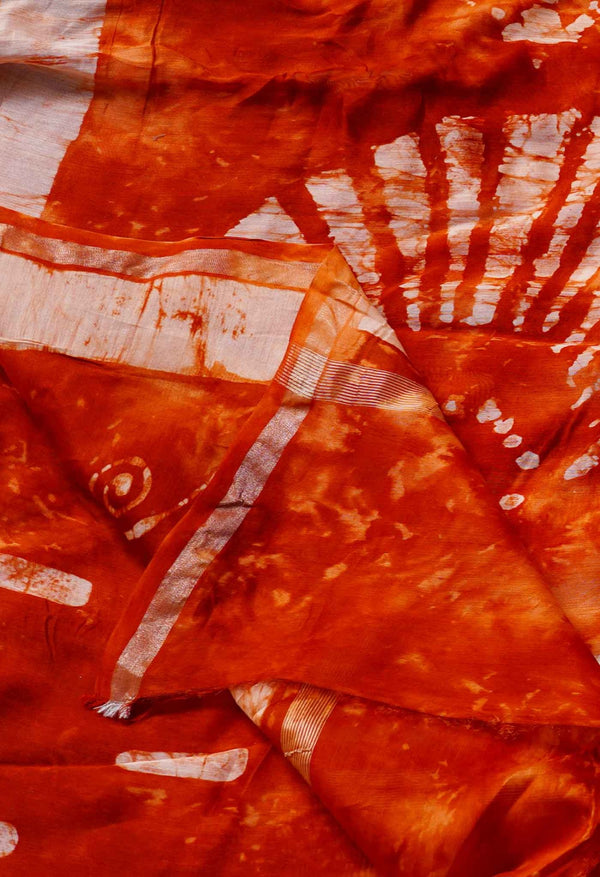 Rust Orange Pure Fusion Batik Chanderi Sico Saree-UNM62692