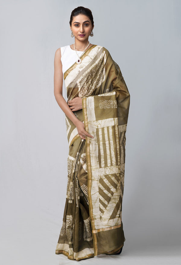 Online Shopping for Green Pure Fusion Batik Chanderi Sico Saree with Fancy/Ethnic Prints from Rajasthan at Unnatisilks.com India
