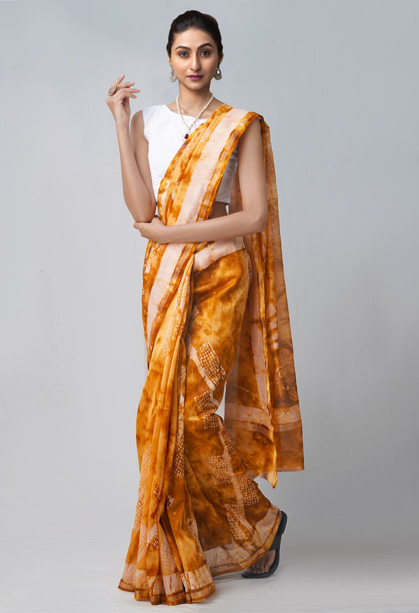 Online Shopping for Rust Orange Pure Fusion Batik Chanderi Sico Saree with Fancy/Ethnic Prints from Rajasthan at Unnatisilks.com India
