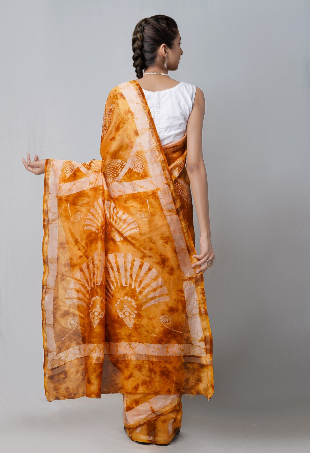 Online Shopping for Rust Orange Pure Fusion Batik Chanderi Sico Saree with Fancy/Ethnic Prints from Rajasthan at Unnatisilks.com India
