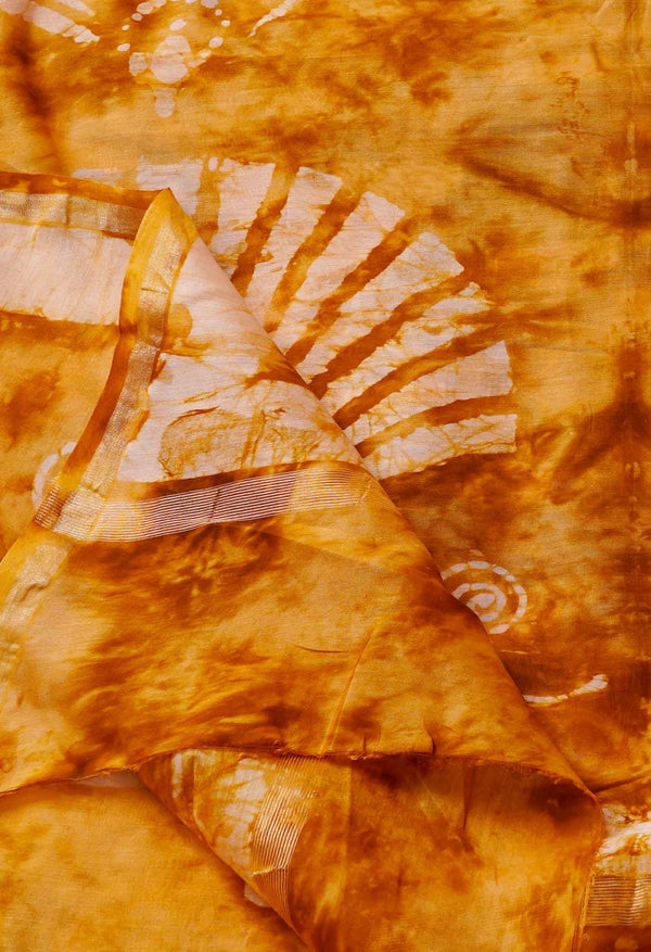 Rust Orange Pure Fusion Batik Chanderi Sico Saree-UNM62694