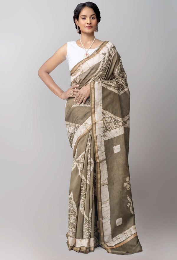 Online Shopping for Green Pure Fusion Batik Chanderi Sico Saree with Fancy/Ethnic Prints from Rajasthan at Unnatisilks.com India
