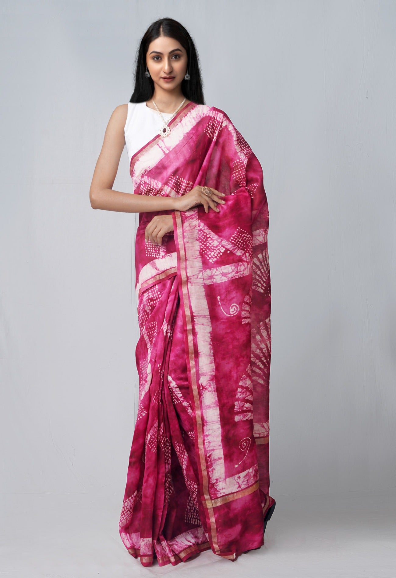 Online Shopping for Pink Pure Fusion Batik Chanderi Sico Saree with Fancy/Ethnic Prints from Rajasthan at Unnatisilks.com India

