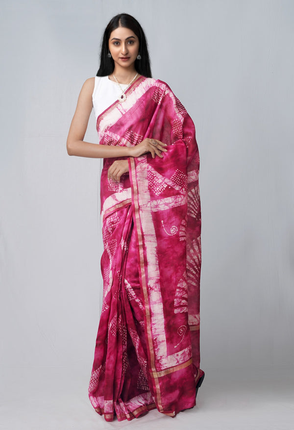 Online Shopping for Pink Pure Fusion Batik Chanderi Sico Saree with Fancy/Ethnic Prints from Rajasthan at Unnatisilks.com India
