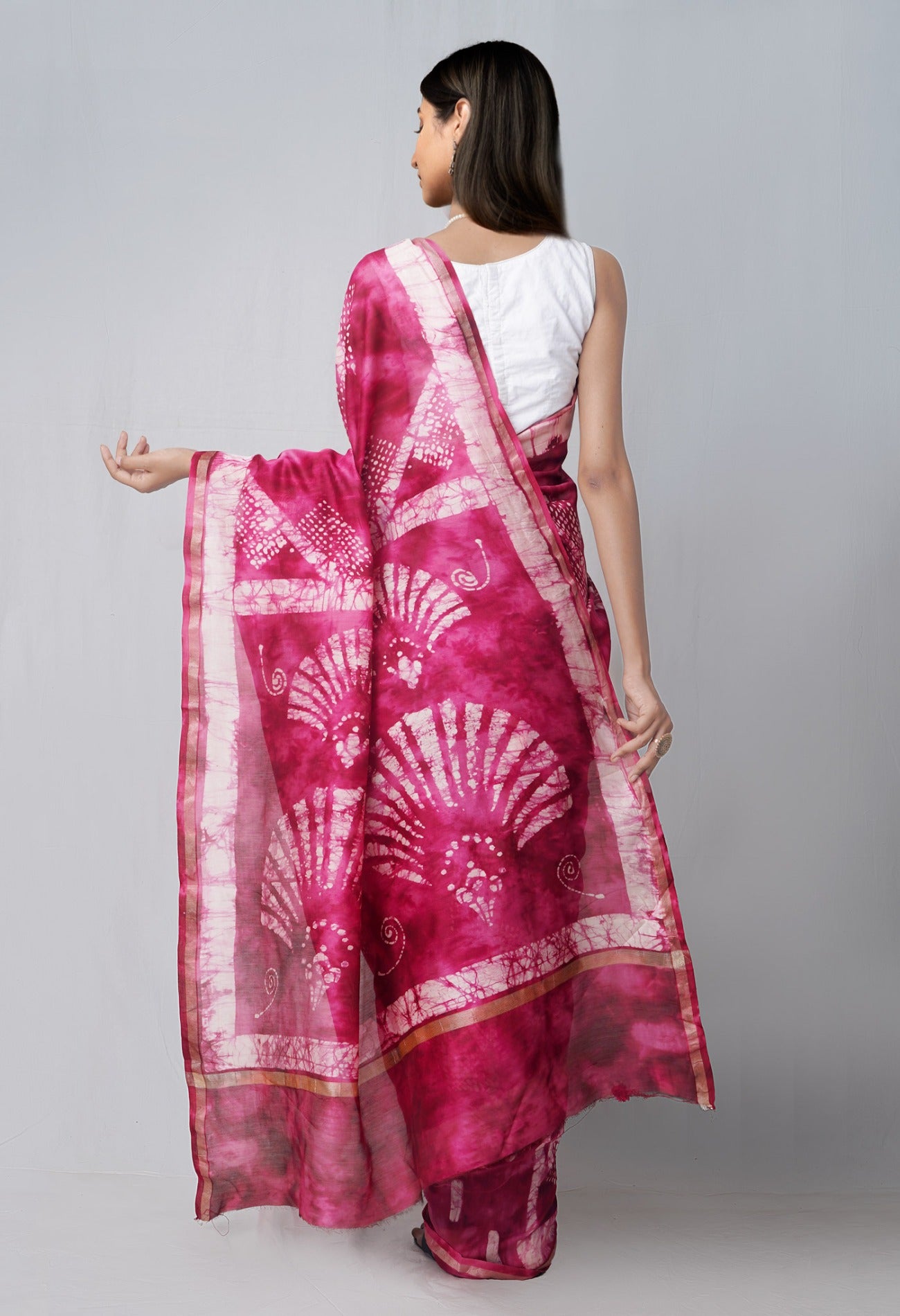 Online Shopping for Pink Pure Fusion Batik Chanderi Sico Saree with Fancy/Ethnic Prints from Rajasthan at Unnatisilks.com India
