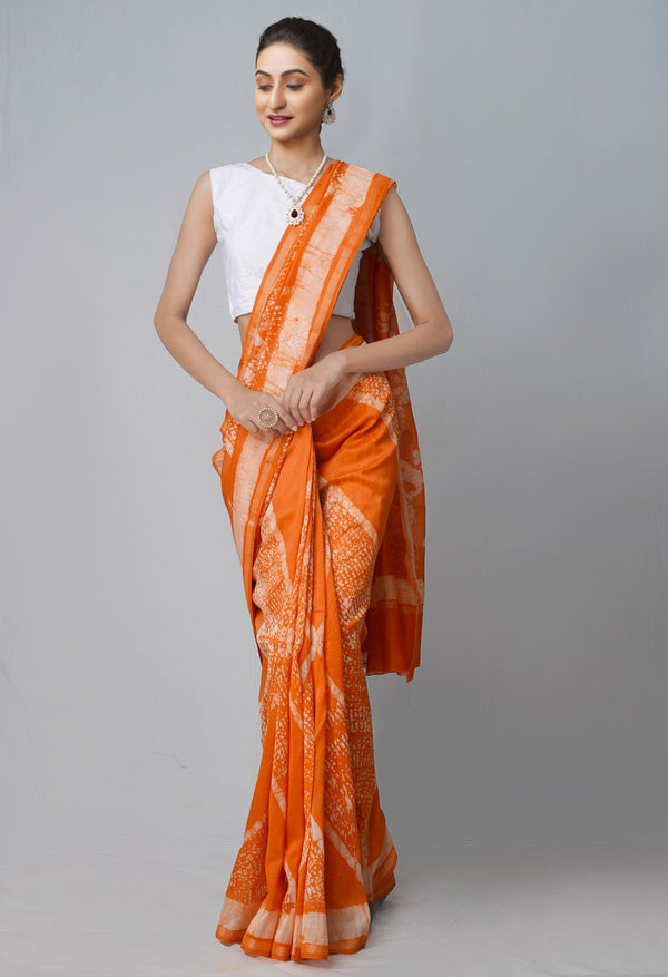 Online Shopping for Orange Pure Fusion Batik Chanderi Sico Saree with Fancy/Ethnic Prints from Rajasthan at Unnatisilks.com India
