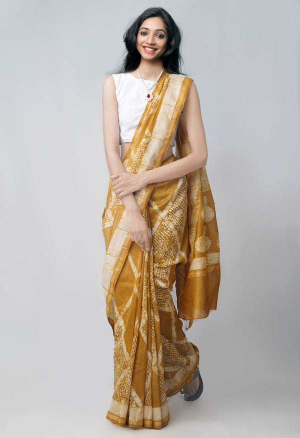 Online Shopping for Yellow Pure Fusion Batik Chanderi Sico Saree with Fancy/Ethnic Prints from Rajasthan at Unnatisilks.com India
