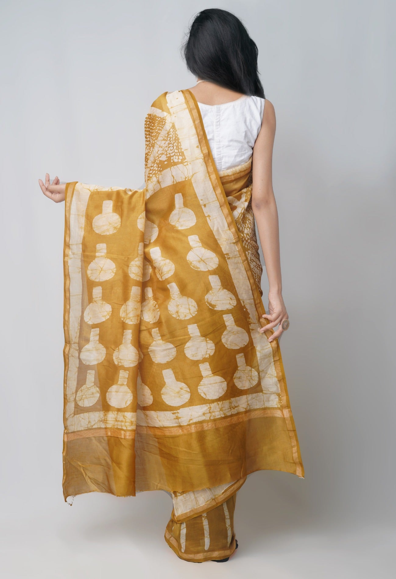 Online Shopping for Yellow Pure Fusion Batik Chanderi Sico Saree with Fancy/Ethnic Prints from Rajasthan at Unnatisilks.com India
