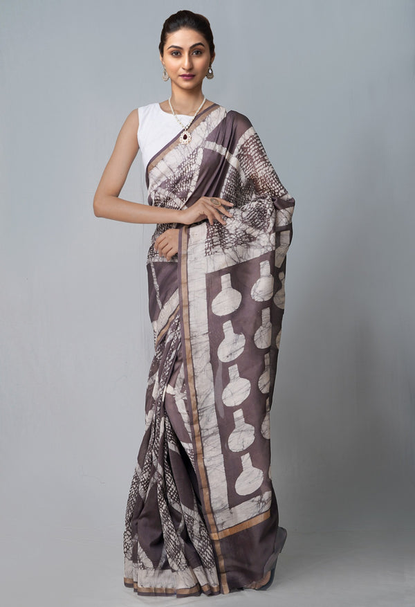 Online Shopping for Grey Pure Fusion Batik Chanderi Sico Saree with Fancy/Ethnic Prints from Rajasthan at Unnatisilks.com India
